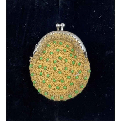 1960s Crochet Yellow Coin Purse with Green Seed Beads - Japan (A1)