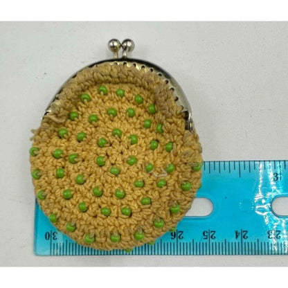 1960s Crochet Yellow Coin Purse with Green Seed Beads - Japan (A1)