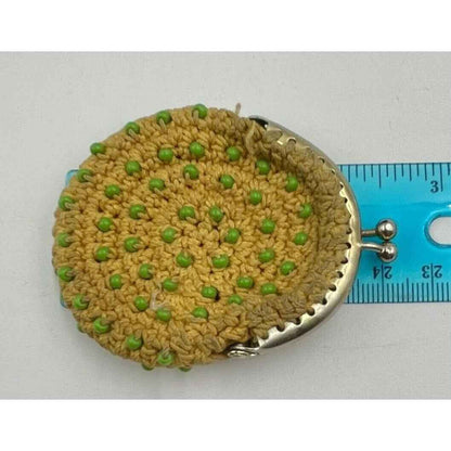 1960s Crochet Yellow Coin Purse with Green Seed Beads - Japan (A1)