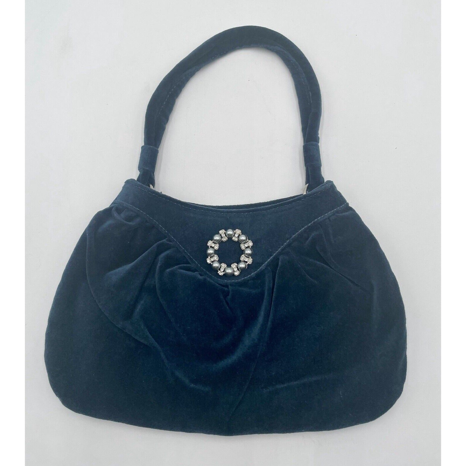 Old Navy Small Navy Blue Velvet w Rhinestone & Pearl Pin Handbag 2005 Release - Vintosh Vintage