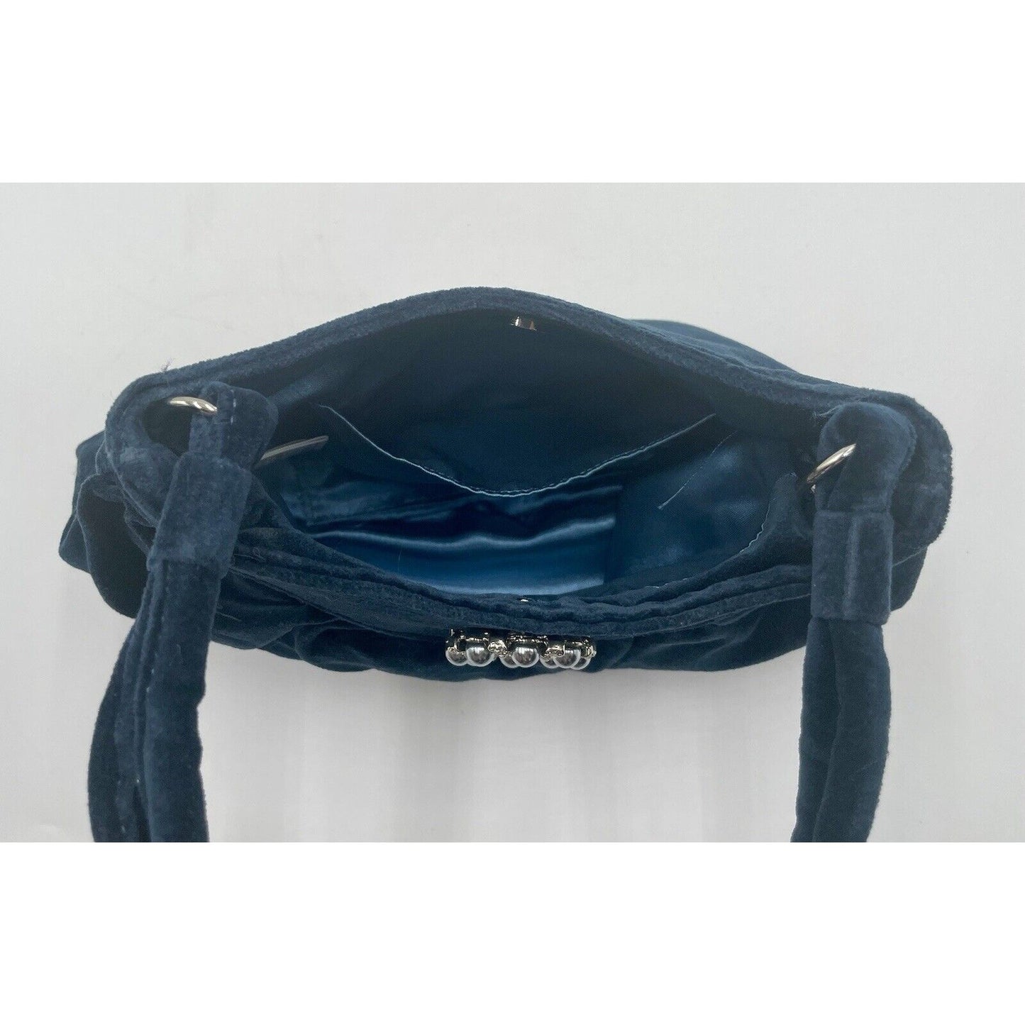 Old Navy Small Navy Blue Velvet w Rhinestone & Pearl Pin Handbag 2005 Release - Vintosh Vintage