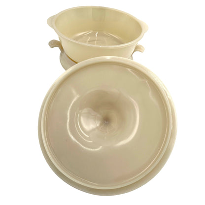 Vintage Fire-King Ivory Colonial Pattern Casserole Dish With Trivet Lid & Handles - Vintosh Vintage
