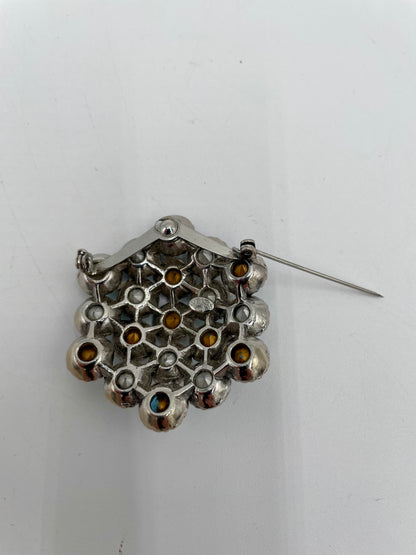 1960s Weiss Signed Iridescent & Blue Rhinestones in Silver Tone Twisted Metal Brooch Pin - Vintosh Vintage