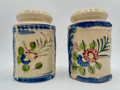 Vintage Large Ceramic Salt & Pepper Shakers Hand Painted Floral & Cobalt Blue - Japan