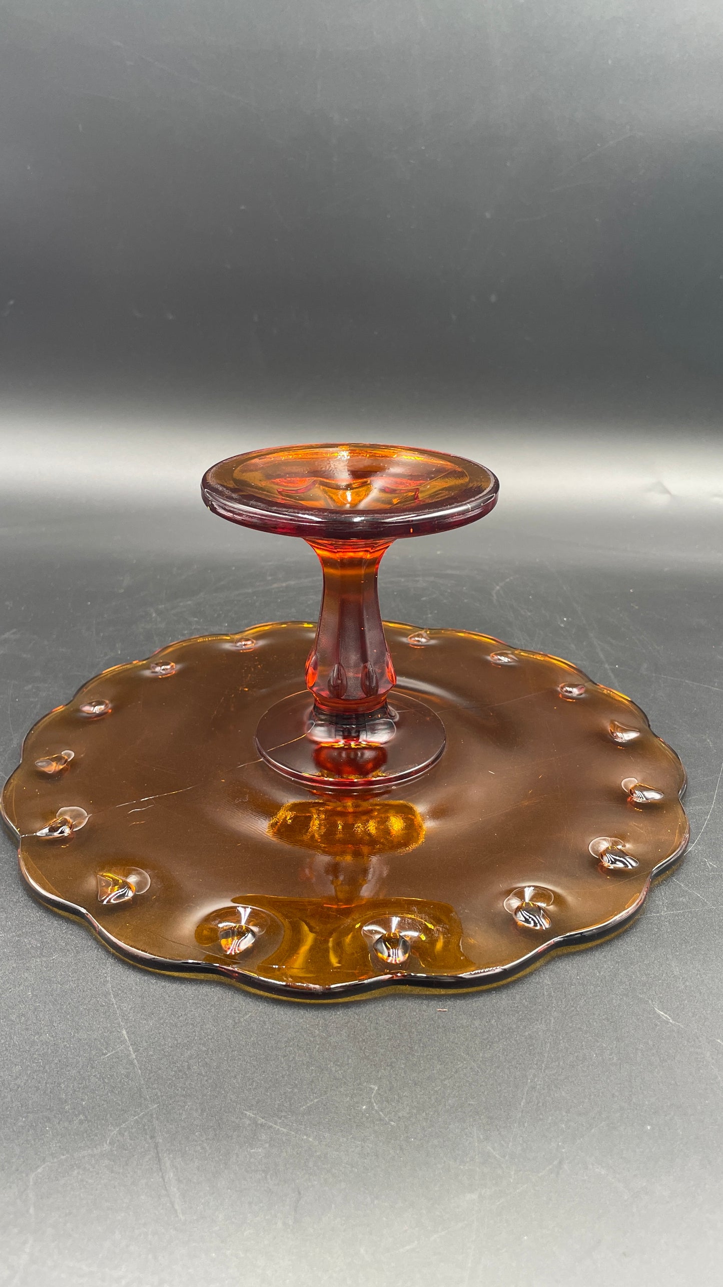 1960s Amber Glass Teardrop Pedestal Cake Stand Indiana Glass Company 11"