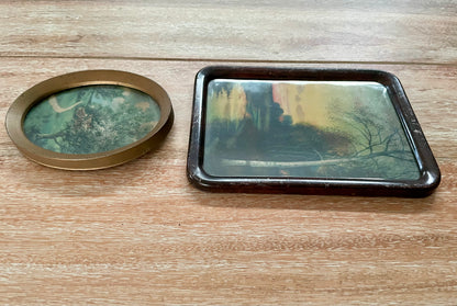 Set of Two Antique Glass Picture Frames of Sunset Stream Birch Tree & Log Cabin in Meadow - Vintosh Vintage