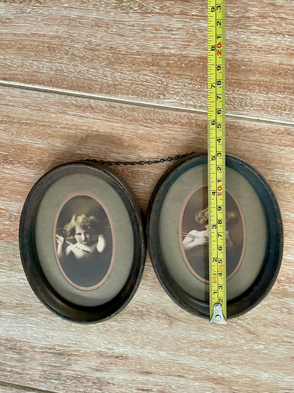 Antique Cupid Asleep Cupid Awake Prints In Double Oval Frame w/Chain - Vintosh Vintage
