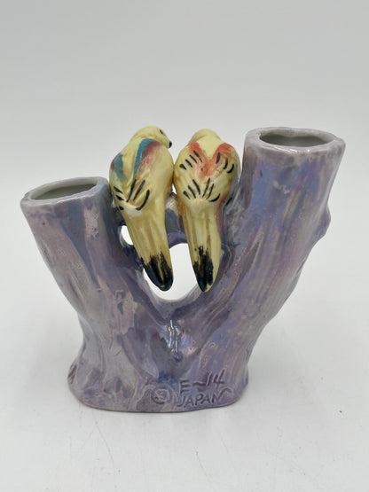 Vintage Porcelain 
Parakeet Double Bud Purple Flower Vase Japan