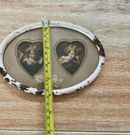 Antique Pink Metal Oval Frame w/ Cupid Awake & Cupid Asleep Heart Shape Sage Matte - Vintosh Vintage
