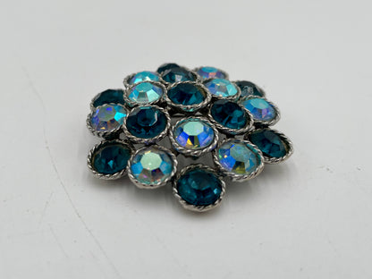 1960s Weiss Signed Iridescent & Blue Rhinestones in Silver Tone Twisted Metal Brooch Pin - Vintosh Vintage