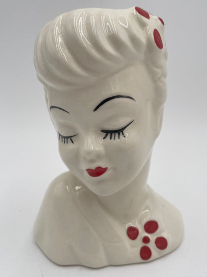 1950s Glamour Girl 5.25"
Head Vase White w/ Hand Painted Red Lips & Flowers - Vintosh Vintage