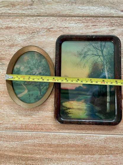 Set of Two Antique Glass Picture Frames of Sunset Stream Birch Tree & Log Cabin in Meadow - Vintosh Vintage