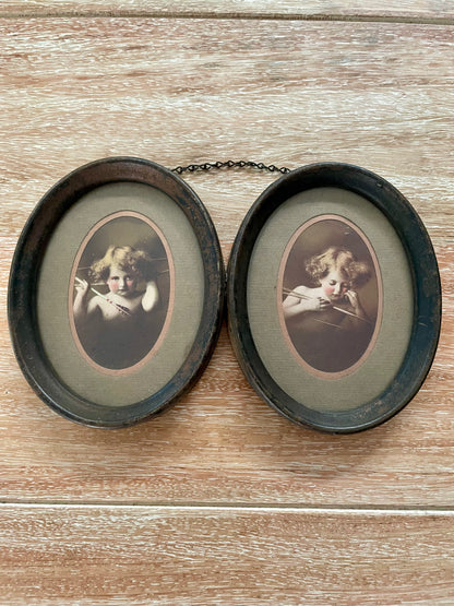 Antique Cupid Asleep Cupid Awake Prints In Double Oval Frame w/Chain - Vintosh Vintage
