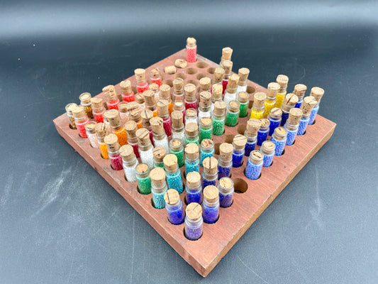 Large Lot Vintage Glass Seed Beads Multi Colors in Antique Bottles w/ Cork Tops in Wooden Tray