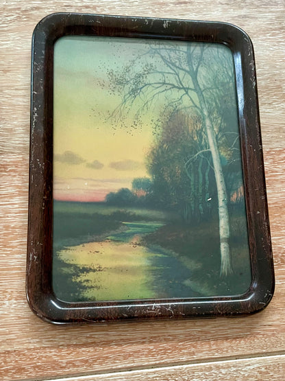 Set of Two Antique Glass Picture Frames of Sunset Stream Birch Tree & Log Cabin in Meadow - Vintosh Vintage