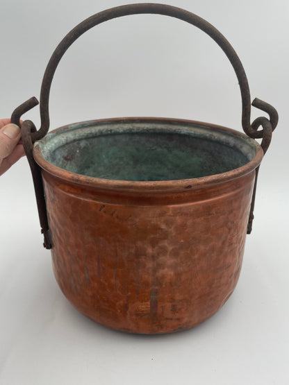 Antique Primitive Hand Crafted Hammered Copper Cauldron Kettle w/ Forged Iron Handle 6.5" - Vintosh Vintage