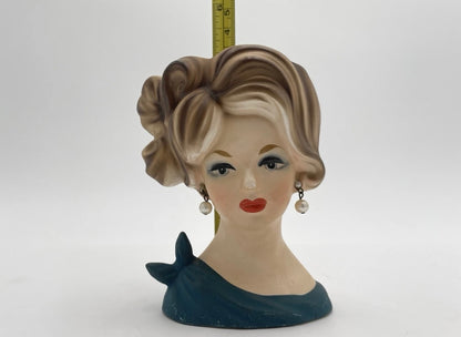 1950s Napcoware Head Vase C7313 Pearl Earrings Teal Blue Dress With Bow - Vintosh Vintage