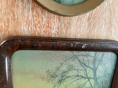 Set of Two Antique Glass Picture Frames of Sunset Stream Birch Tree & Log Cabin in Meadow - Vintosh Vintage