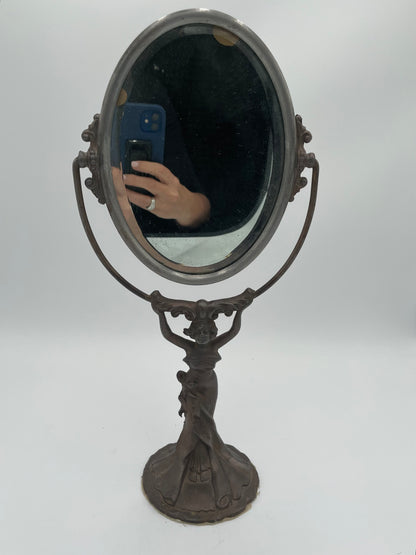 Antique Art Nouveau Woman Cast Metal Pedestal Vanity Mirror - Vintosh Vintage