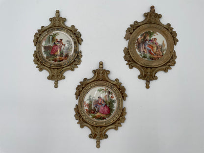 Three Antique Porcelain
Victorian Scenes w/ Ornate Metal Wall Frame by SD Baker-Samson China - Vintosh Vintage