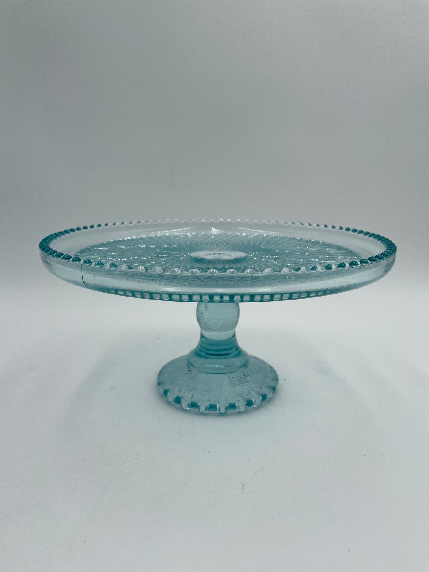 1950s Jeanette Glass Harp Ice Blue Diamond 10" Pedestal Cake Plate Stand Beaded Edge