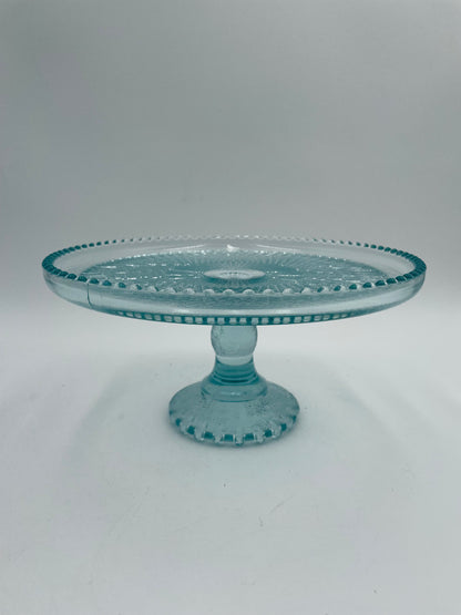1950s Jeanette Glass Harp Ice Blue Diamond 10" Pedestal Cake Plate Stand Beaded Edge