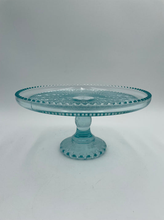 1950s Jeanette Glass Harp Ice Blue Diamond 10" Pedestal Cake Plate Stand Beaded Edge