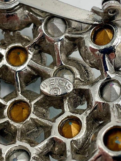 1960s Weiss Signed Iridescent & Blue Rhinestones in Silver Tone Twisted Metal Brooch Pin - Vintosh Vintage