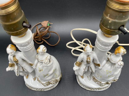 Pair of Vintage Porcelain Victorian Courting Couple Lamps w/ Blue Paper Shades