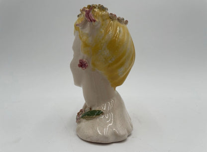 1950s Porcelain Lady Head Vase 4.5" Blonde Floral Headband & Earrings - Vintosh Vintage