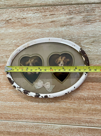 Antique Pink Metal Oval Frame w/ Cupid Awake & Cupid Asleep Heart Shape Sage Matte - Vintosh Vintage