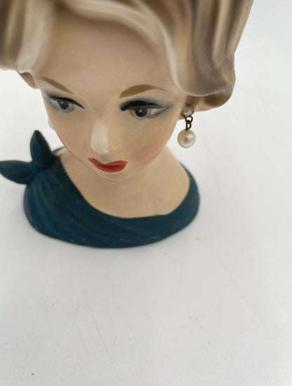 1950s Napcoware Head Vase C7313 Pearl Earrings Teal Blue Dress With Bow - Vintosh Vintage