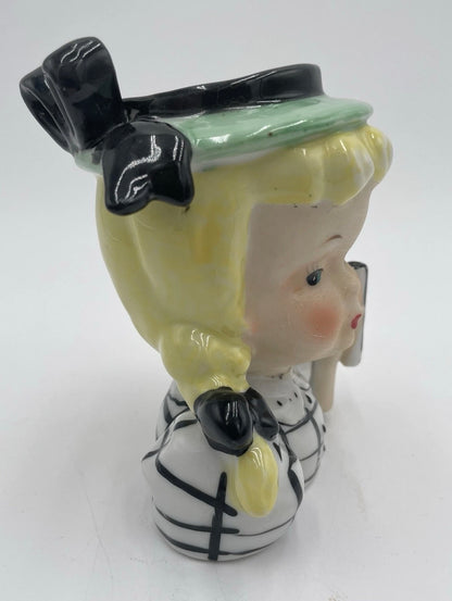 1950s Royal Sealy Head Vase Blond Girl w/ Pigtails & Plaid Dress Japan 4.75" - Vintosh Vintage