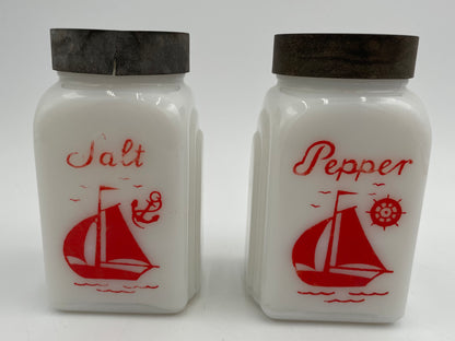 1930s McKee Milk Glass Red Sailboat Roman Arch Salt & Pepper Shaker Set - Vintosh Vintage