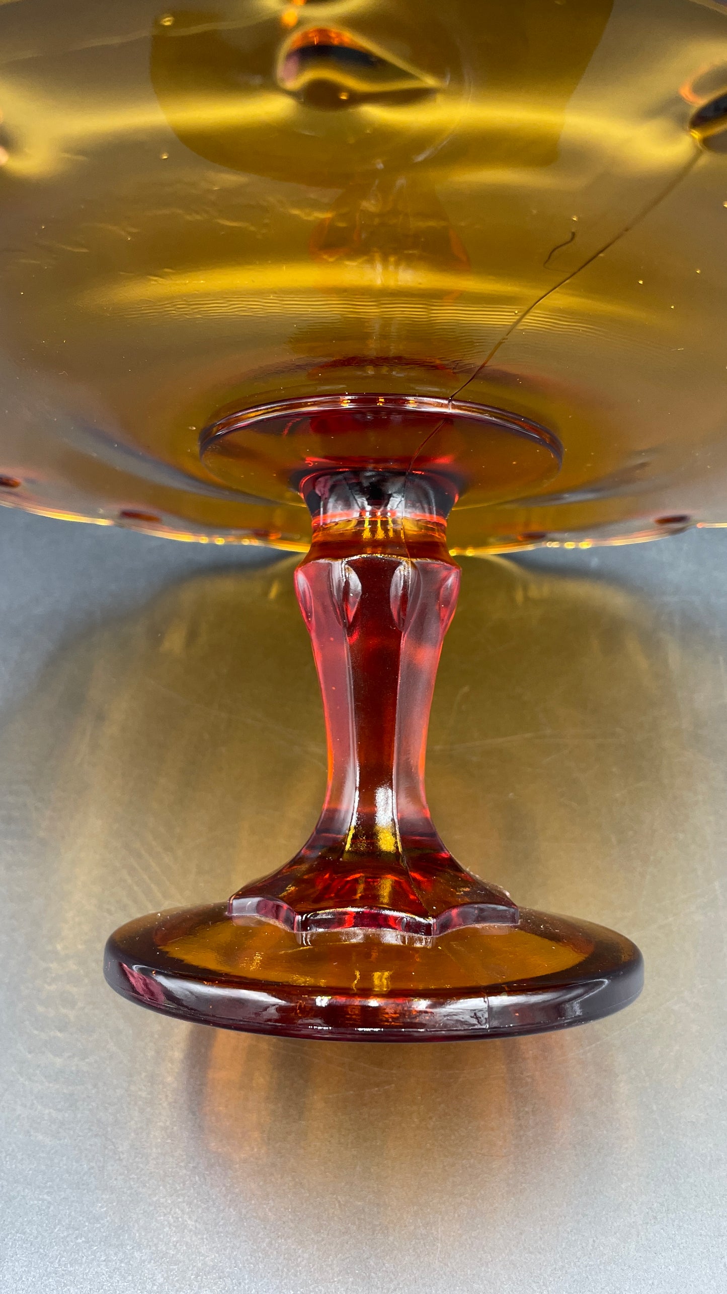 1960s Amber Glass Teardrop Pedestal Cake Stand Indiana Glass Company 11"