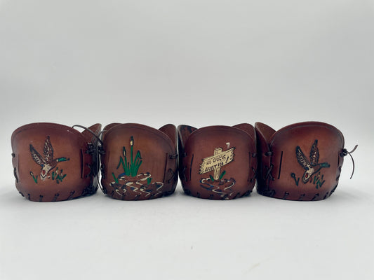 Vintage Set of 4
Highball Drinking Glass Tooled Leather Holder
Mallard Ducks