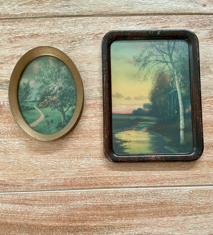 Set of Two Antique Glass Picture Frames of Sunset Stream Birch Tree & Log Cabin in Meadow - Vintosh Vintage
