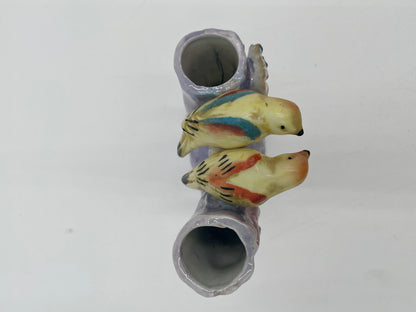 Vintage Porcelain 
Parakeet Double Bud Purple Flower Vase Japan