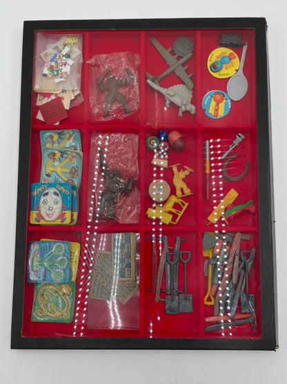 1960s Gumball Machine & Cracker Jacks Prizes in 12 Panel Display Case 45+ Collectible Trinkets