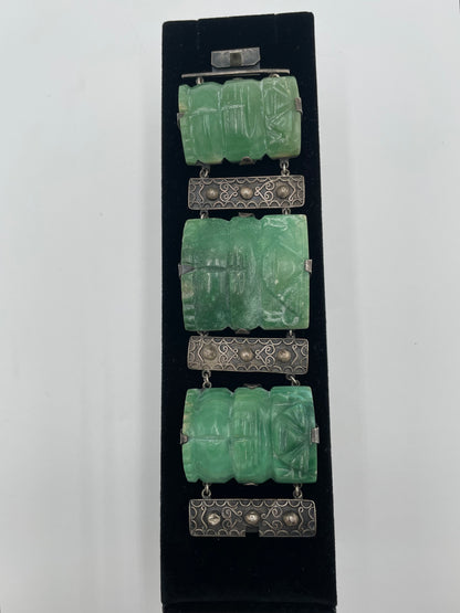 Vintage Mexico Aztec
Mayan Green Onyx Figural Statue Sterling Silver Chunky Panel
Bracelet - Vintosh Vintage