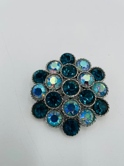 1960s Weiss Signed Iridescent & Blue Rhinestones in Silver Tone Twisted Metal Brooch Pin - Vintosh Vintage