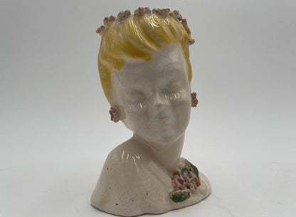 1950s Porcelain Lady Head Vase 4.5" Blonde Floral Headband & Earrings - Vintosh Vintage
