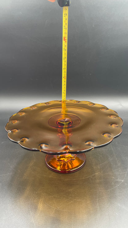 1960s Amber Glass Teardrop Pedestal Cake Stand Indiana Glass Company 11"