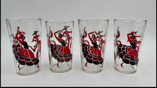 4 MCM Libbey Flamenco Dancer Glass Tumblers Red & Black