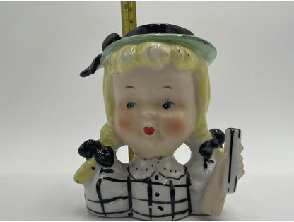 1950s Royal Sealy Head Vase Blond Girl w/ Pigtails & Plaid Dress Japan 4.75" - Vintosh Vintage