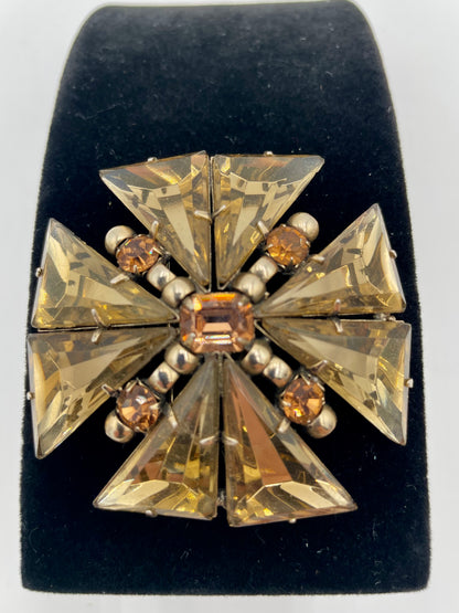 1960s Maltese Cross Style Amber Toned Crystals Set in Gold Plated Metal Brooch &
Pendant - Vintosh Vintage