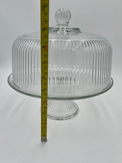 Vintage Anchor Hocking Monaco Ribbed Glass 11" Cake Stand w/ Dome
