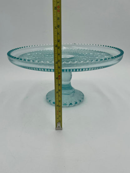 1950s Jeanette Glass Harp Ice Blue Diamond 10" Pedestal Cake Plate Stand Beaded Edge