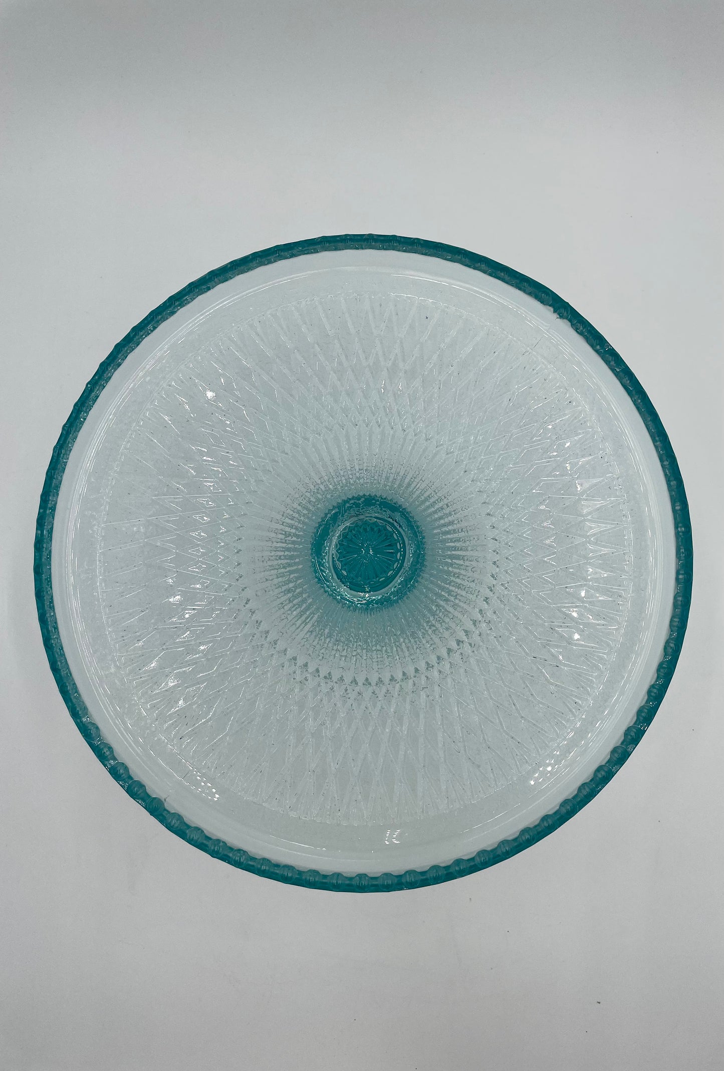 1950s Jeanette Glass Harp Ice Blue Diamond 10" Pedestal Cake Plate Stand Beaded Edge