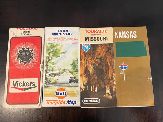 4 1960/70s Vickers Gulf Standard Oil & Conoco Road Maps of
KS MO NE Eastern US GAS & Oil Ephemera - Vintosh Vintage